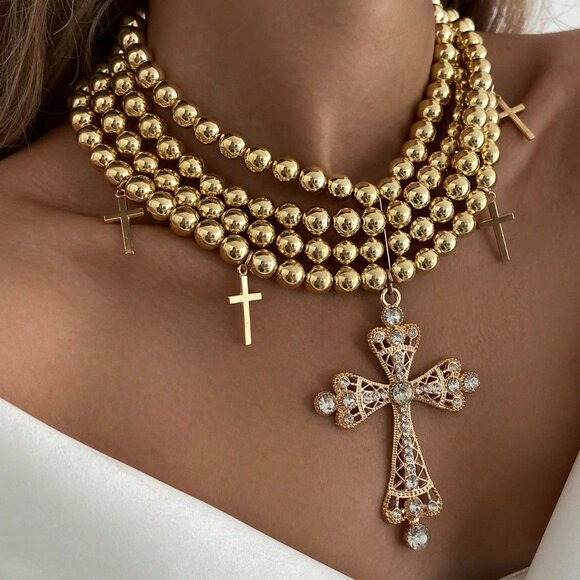 Gold Boho Women's Bohemian Multi-Layer Beaded Cross Pendant Necklace - Picture 5 of 6